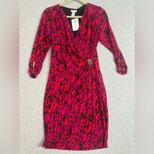 VTG Cache Faux Wrap Dress‎ Large Red Black Hardware 3/4 Sleeve Geometric Career